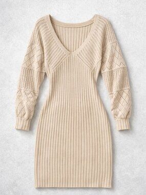 NWT Cupshe Crochet V-Neck Mini Sweater Dress Size Small Beige